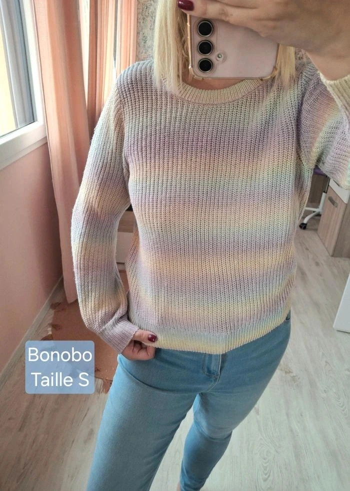 Pull femme col rond rayé pastel arc-en-ciel tie and dye Bonobo - Taille S
